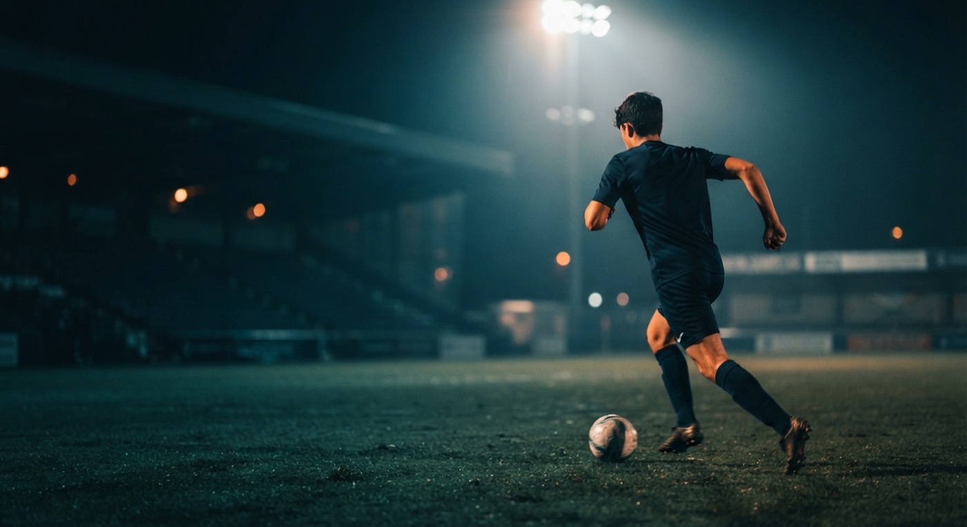 A young soccer player running with the ball under floodlights
