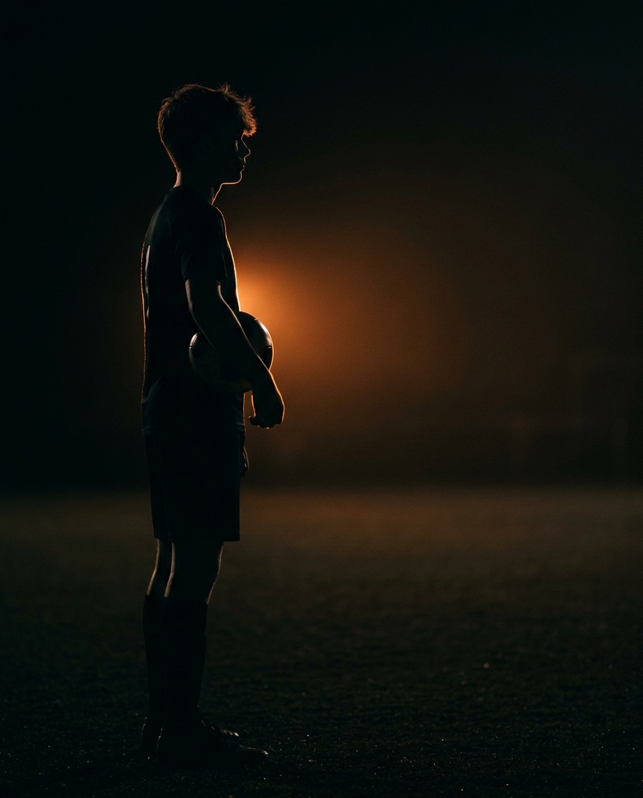 Silhouette of a young soccer player holding a ball